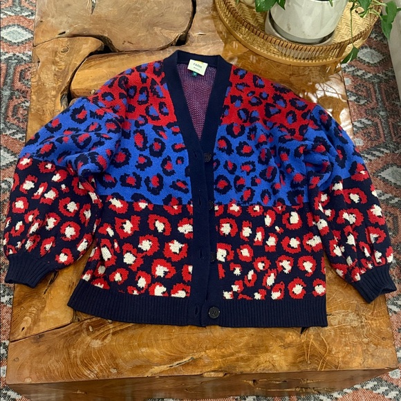 FARM Rio Blue and Red Leopard-Print Button Cardigan - Picture 2 of 3